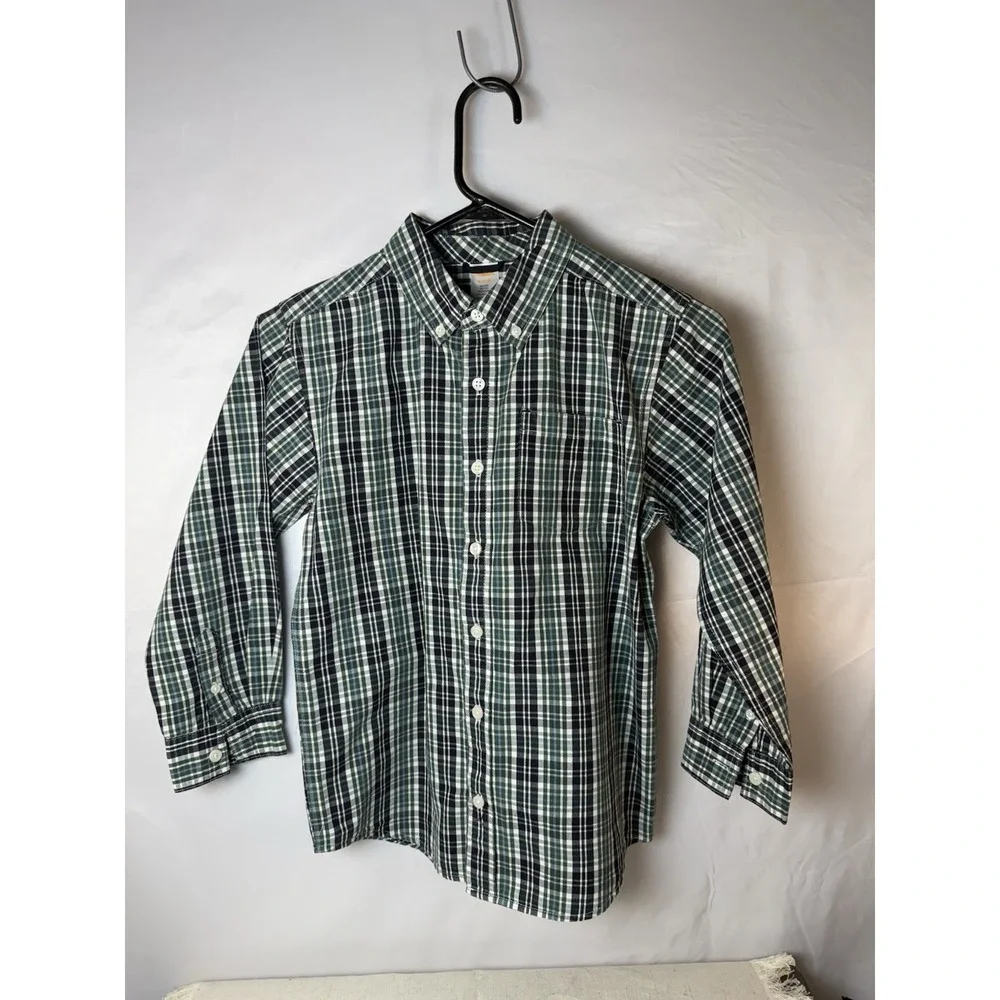 Gymboree Boys M 7/8 Shirt Green Plaid collared‎ Button Up Woven Cotton Preppy